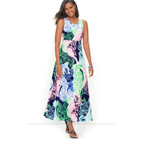 Talbots Maxi Dress L Petite Sleeveless Paisley Print Twist Back Keyhole Stretch - Picture 1 of 9
